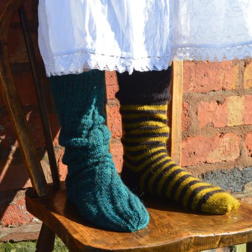 Twisted Cable Calf Length Heel-less Wool Socks